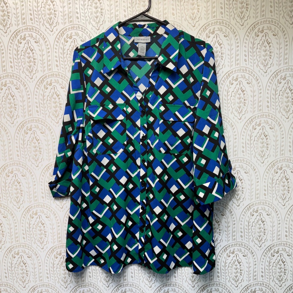 Catherines Button Down Shirt Womens 0X Blue Green Geometric Roll Tab Sleeve NWT